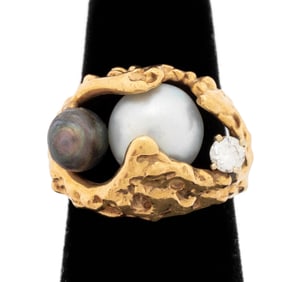 14K Yellow Gold Cultured Pearl Diamond Ring