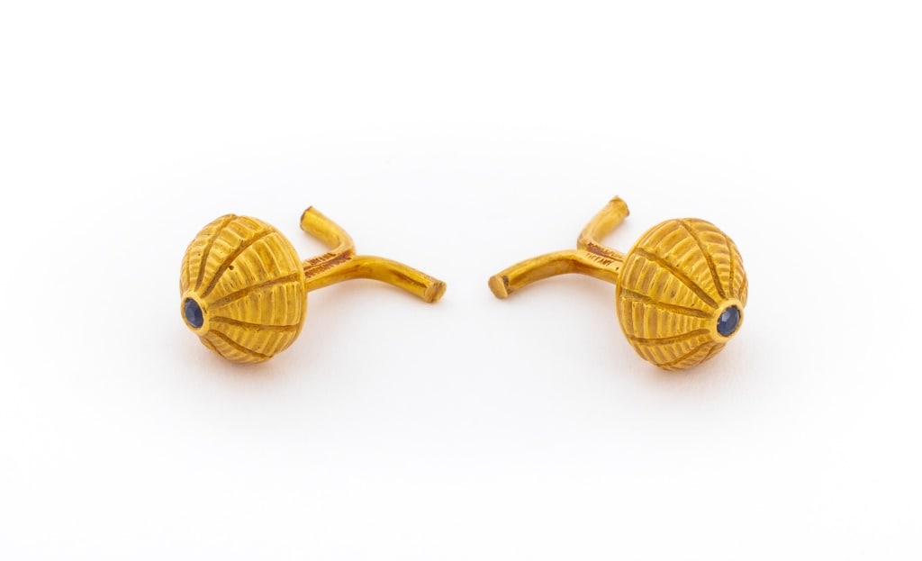 Schlumberger x T&Co. 18K Sapphire Taj Mahal Studs: Pair of Jean Schlumberger (French, 1907-1987) for Tiffany and Company 18K Blue Sapphire Taj Mahal Shirt Studs, featuring two round brilliant blue sapphires weighing a total of approx. 0.12 carat, worn