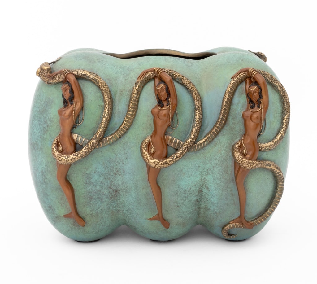 Erte "Eve" Gilt & Patinated Bronze Bowl, 1989: Erte (Romain de Tirtoff, Russian/French, 1892-1990) "Eve" Gilt and Patinated Bronze Table Bowl, signed in cast to side of bowl "Erte" and numbered and stamped in cast "c. 1989 SEVENARTS 134/395 DS". 8