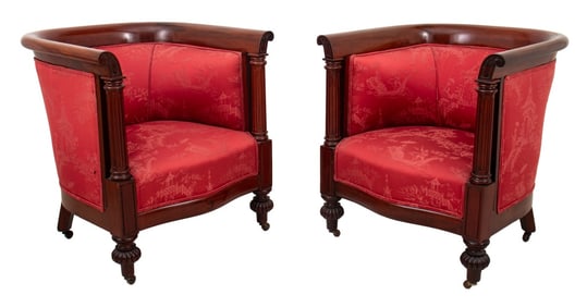 Edwardian Red Silk Mahogany Tub Chairs, Pair