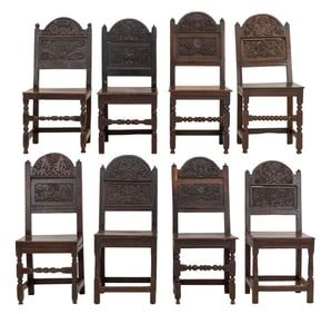 Charles II Carved Oak Paneled Back Chairs, 8