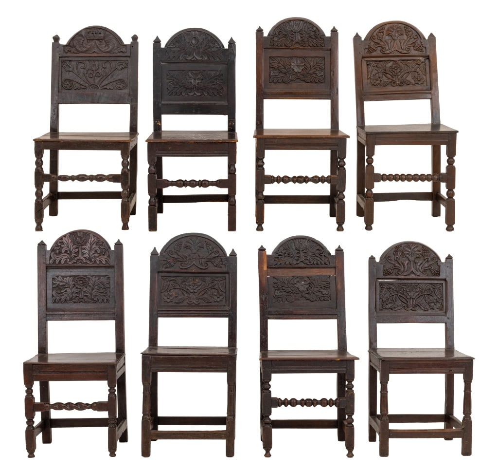 Charles II Carved Oak Paneled Back Chairs, 8 (1 of 11)
