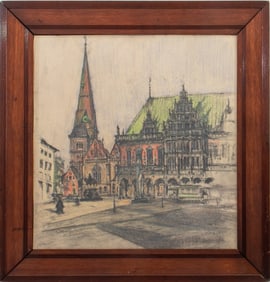 Gotthardt Kuehl Rathausplatz Bremen Pastel on Paper