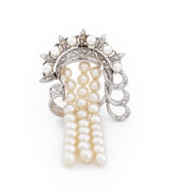 14K White Gold Pearl Diamond Brooch