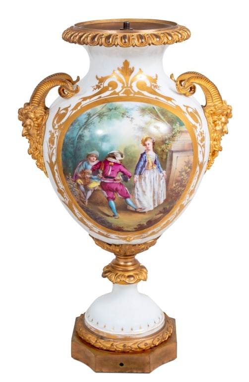 Sevres White Ground Ovoid Vase: Sevres White Ground and Guilt Metal Mounted Ovoid Vase Mounted as a Lamp, late 19th century, the ovoid body with satyr masque handles, painted with dancers and romantic landscapes, signed "T. Quentin"