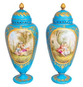 Sevres Bleu Celeste Ground Covered Vases, Pair