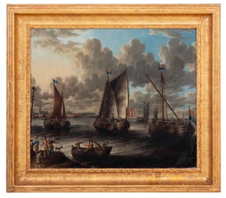 Dutch School Harbor Scene Oil on Canvas
