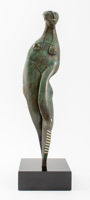 Ronald K. Parker "Life" Bronze Sculpture, 1999: Ronald K. Parker (American, b. 1939) "Life" Verdigris Patinated and Gilt Bronze Sculpture, 1999, signed "Parker" and marked "c 99 4/99" to leg. 18" H x 5.25" W x 5.25" D. Provenance: From a New York C