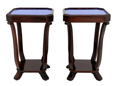 Art Deco Blue Glass Top Rosewood Side Tables, Pair