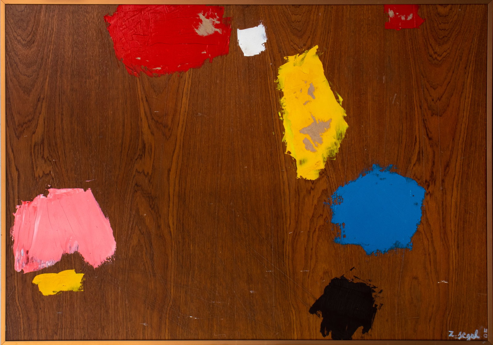 Zelig Segal Abstraction Oil on Panel, 2005: Azriel Zelig Segal (Israeli, 1933-2015), Abstract Composition, Oil on Wood Panel, 2005, signed and dated lower right, copper-tone metal frame. Image: 30" H x 43" W; frame: 31" H x 44" W. Provenance: P