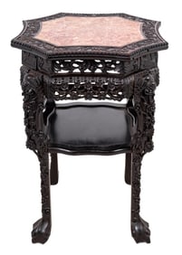 Chinese Hardwood and Marble Pedestal Table
