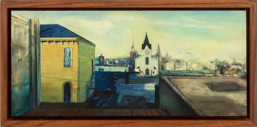 Steve Hawley "View from My Window" Oil, 1987: Steve Hawley (American, b. 1950), "View from My Window", Oil, Alkyd Resin, and Wax on Board, 1987, signed and dated to verso with Alexander F. Milliken, Inc. label, oak shadowbox frame. Image: 8.25" H
