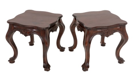 Chinese Bat Motif Hardwood Low Tables, Pair