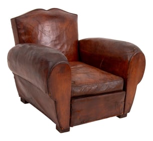 Art Deco Brown Leather Upholstered Club Chair