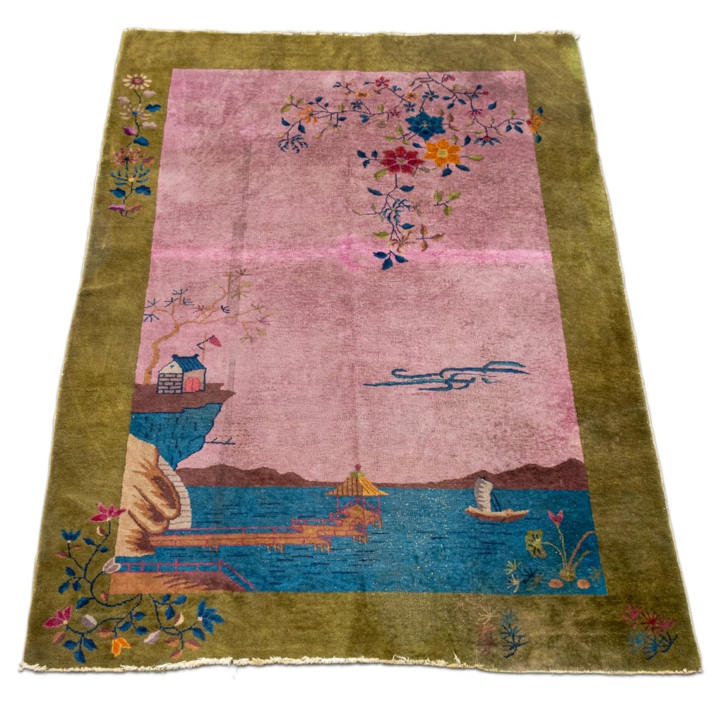 Nichols Chinese Art Deco Seascape Rug, 6' x 8' 6": Nichols Chinese Art Deco Seascape Motif Rug, central motif with maritime landscape and floral elements. 6' L x 8' 6" W. Provenance: From a New York City Collection. Keywords: Asian Art, Textiles, Pict