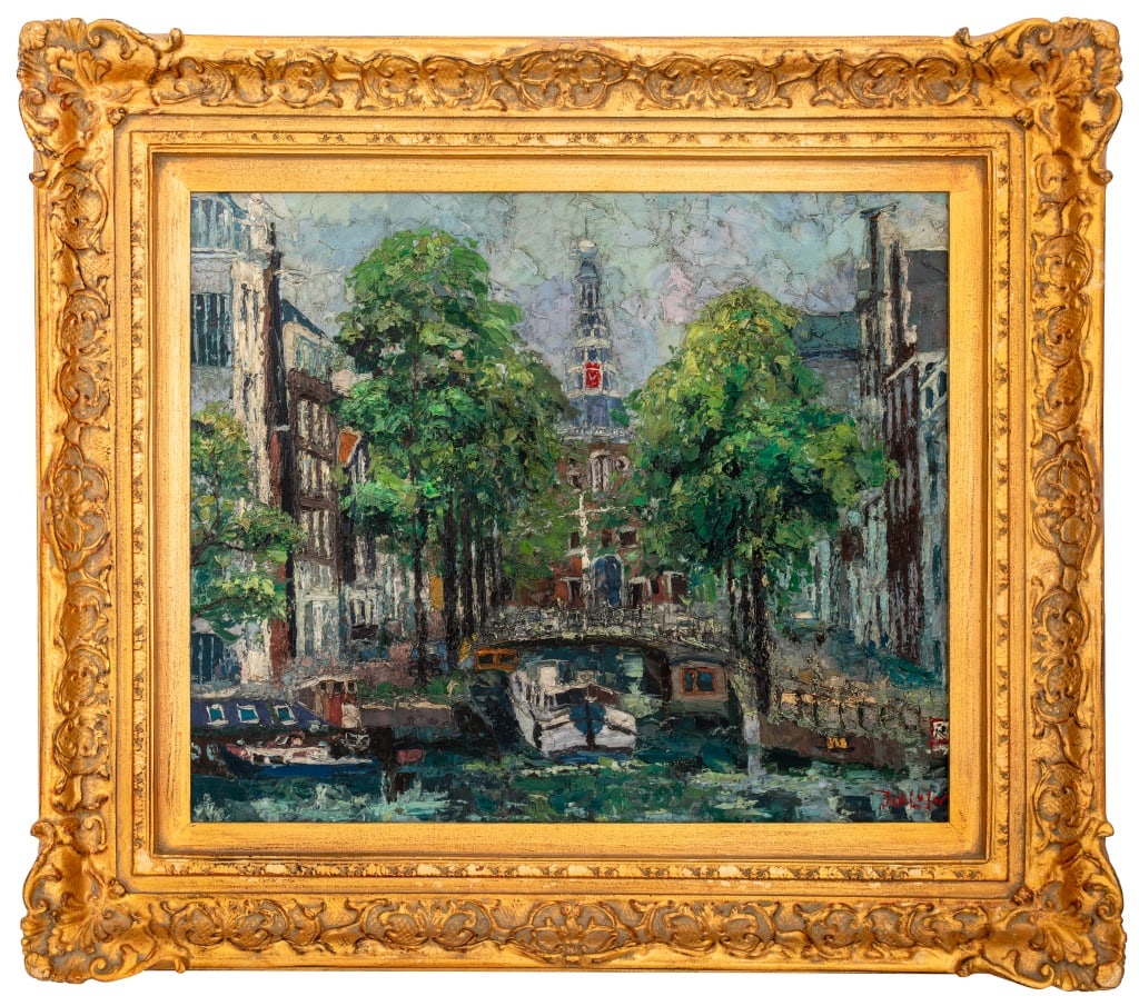 Illegibly Signed Amsterdam Canal Oil on Canvas (1 of 5)