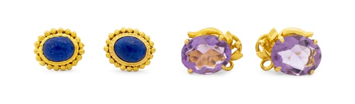 14K Yellow Gold Amethyst & Lapis Earrings, 2 Pairs