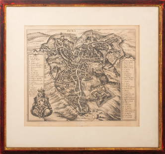 Map of Siena, Italy Engraving: Map of Siena, Italy, Engraving, red lacquered frame. Image: 10.5" H x 11.75" W; frame: 16" H x 17" W. Provenance: Property from a 251 E. 71st St. Townhouse. Keywords: Prints, Multiples, Intaglio, Cart