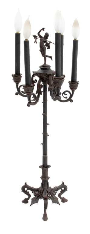 Neoclassical Style Patinated Metal Candelabrum: Neoclassical Style Patinated Metal Candelabrum, with nude maiden holding chalice finial and five scroll arms on three horse hoof feet. 31" H x 10" W x 8" D. Provenance: From a Manhattan Collection. Ke