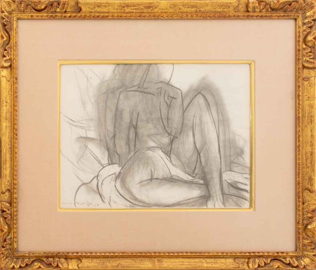 After Henri Matisse Nude Study Offset Lithograph: After Henri Matisse (French, 1869-1954), Nude Study, Offset Lithograph on Wove Paper, signed and dated "36" in plate lower left, carved giltwood frame. Image: 10" H x 12" W; frame: 17.5" H x 20.5" W. 