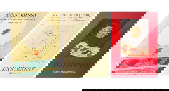 Max Ernst Exhibition Posters, 3: Three Max Ernst Exhibition Posters, comprising: Galeria Joan Prats, 1977, marked "La Poligrafa, S.A. - Balmes, 54 - Barcelona" lower right, Galerie du Chapitre, 1976-1977, marked "Guillard - et - Gour