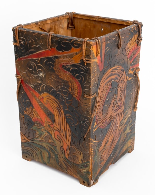 Hand-Painted Carved Wood Waste Basket (1 of 16)