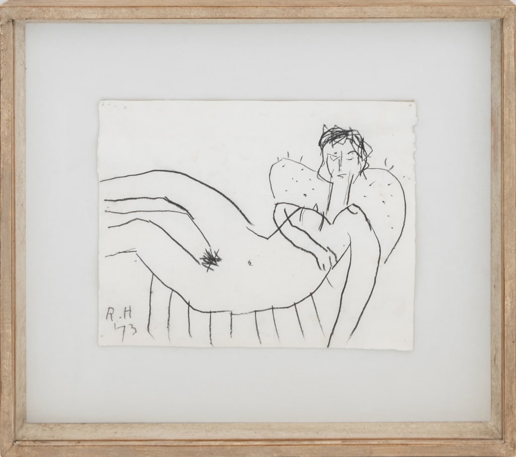 Roger Hilton Nude Woman Charcoal on Paper, 1973: Roger Hilton (British, 1911-1975), Reclining Nude Woman, Charcoal on Paper, 1973, reclining female figure draped over a prickly textured chair, signed "R.H" and dated lower left, marked "10 ES 1974" a