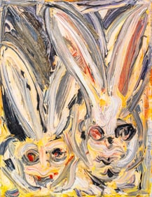 Hunt Slonem "Early Double Bunnies" Oil on Canvas
