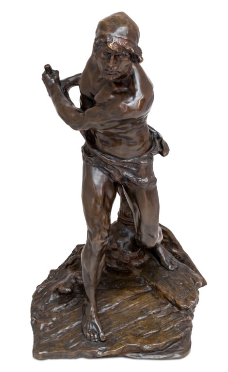 Georges Colin "Charon" Patinated Bronze: Georges Colin (French, 1876-1917) "Charon" Patinated Bronze Sculpture, late 19th century, depicting the helmsman of the dead. 24.5" H x 14" W x 11" D. Keywords: Statue, French, Bronzier, Antique, Bell