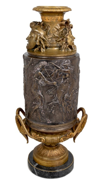 French Gilt and Silvered Bronze Vase: French Gilt and Silvered Bronze Two Handle Vase, After the Antique, late 19th century, of cylindrical form with masque head mounted top, the body decorated with a continuous scene of dancing nymphs an