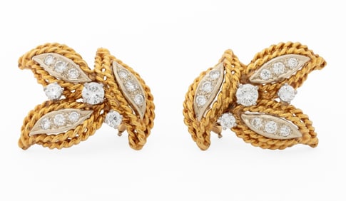 18K Yellow & White Gold Diamond Foliate Earrings