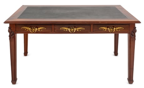 Art Nouveau Leather Top Mahogany Writing Desk