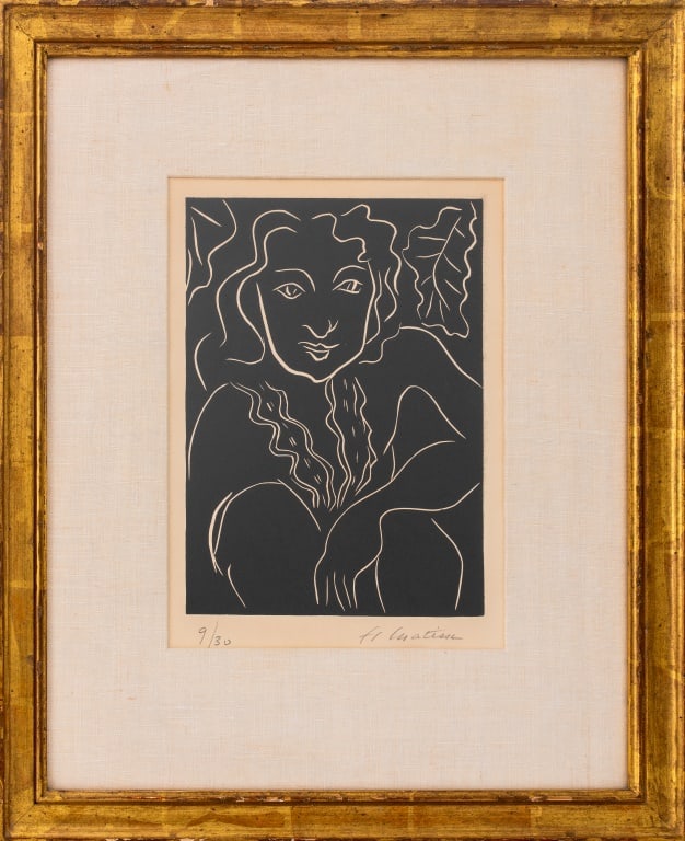 Henri Matisse "Tahiti" Linocut, 1938: Henri Matisse (French, 1869-1954), "Tahiti", Linocut, 1938, signed in pencil lower right and numbered edition "9/30" lower left, Galerie Romanet Vercel stamp to verso, giltwood frame. Image: 12" H x 8