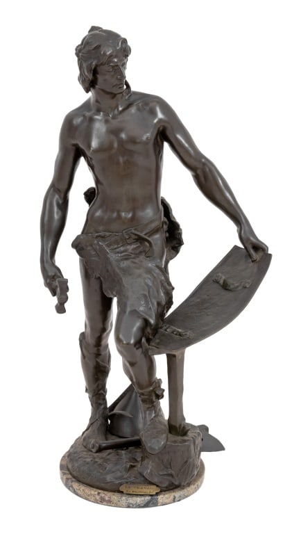 Andre Paul Arthur Massoulle "Le Travail" Bronze: Andre Paul Arthur Massoulle (French, 1851-1901) "Le Travail" [Work] Patinated Bronze Sculpture, late 19th century, depicting blacksmith surrounded by his tools, signed "A. Massoulle" to the stump, wit