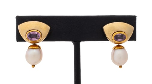 French 18K Gold Pink Sapphire & Pearl Earrings
