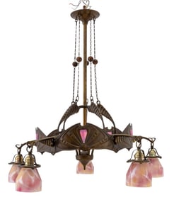 Art Nouveau 5-Arm Pink Glass & Brass Chandelier
