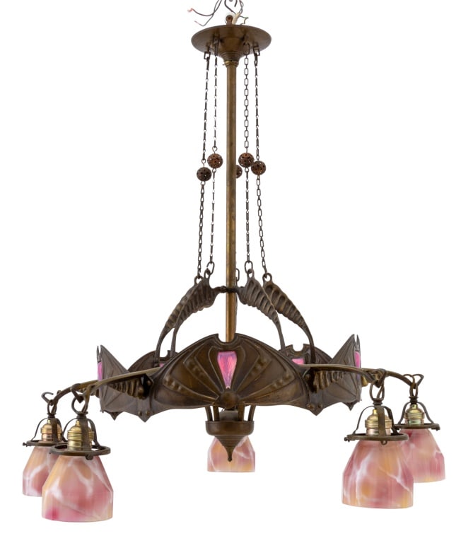 Art Nouveau 5-Arm Pink Glass & Brass Chandelier (1 of 6)