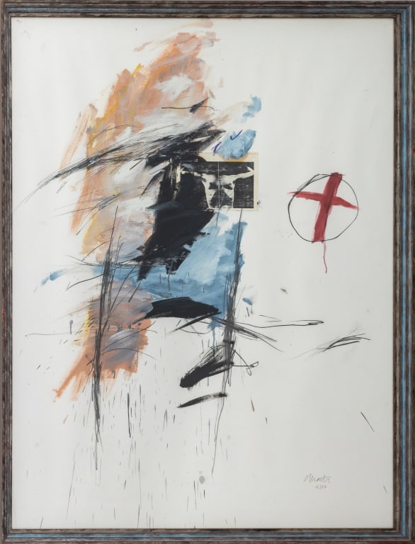Illegibly Signed Abstract Composition Mixed Media: 20th Century School, Abstract Expressionist Composition, Mixed Media with Collage Elements on Paper, April 1987, oil, charcoal, and pastels, abstract forms overlaying collaged photograph print of "Min