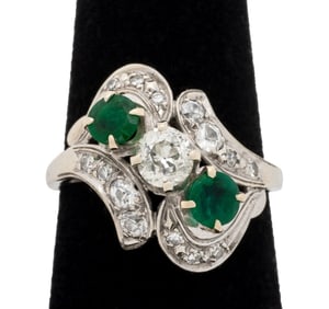 Art Deco 14K Gold Emerald Diamond Bypass Ring