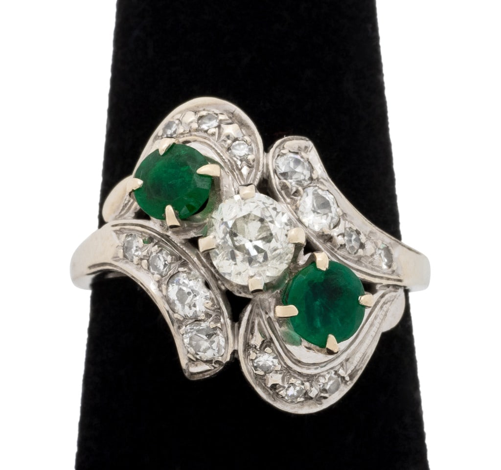 Art Deco 14K Gold Emerald Diamond Bypass Ring (1 of 6)