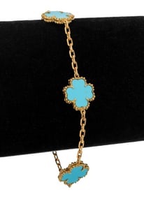 18K Yellow Gold Turquoise Alhambra Style Bracelet