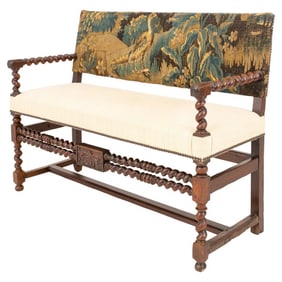 Jacobean Style Verdure Tapestry Wood Settee