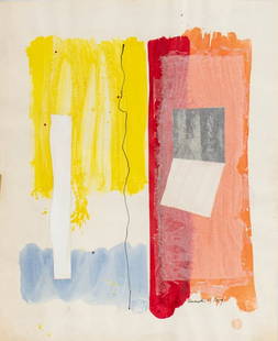 Barq "Sarasota" Mixed Media on Paper, 1966: Barq (American, XX), "Sarasota", Mixed Media on Paper, 1966, watercolor, acrylic ink, and applied paper, titled dated and signed lower right, unframed. Image: 23" H x 18.5" W; sheet: 26.5" H x 21.75"
