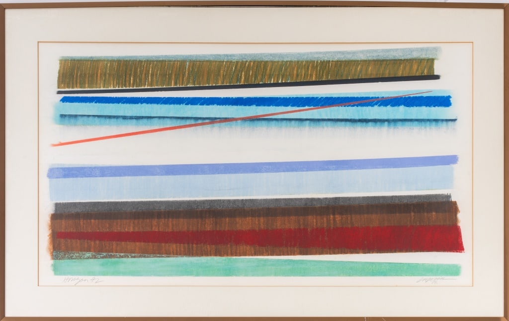 Charles Price "Horizon 42" Pastel on Paper, 1976: Charles Price (American, XX), "Horizon 42", Pastel on Paper, 1976, titled lower left, signed in pencil and dated lower right, patinated metal frame. Image: 19" H x 35" W; frame: 27.5" H x 43.75" W. Pr