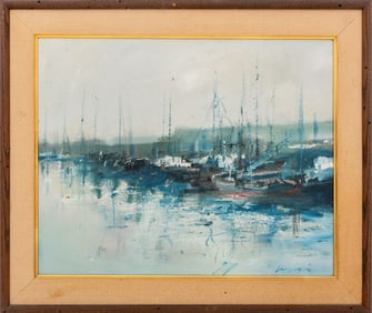 Illegibly Signed Harbour Scene Oil on Canvas
