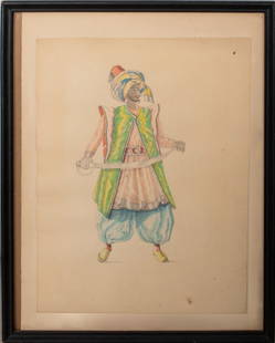 Arabian Swordsman Watercolor & Pencil on Paper: Arabian Swordsman, Watercolor and Pencil on Paper, unsigned, inscribed "Marcel Stamara" on backing board, ebonized wood frame. Image: 11.75" H x 9" W; frame: 14.5" H x 11.5" W. Provenance: From a New