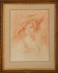 Fragonard Style Woman in Hat Red Chalk on Paper
