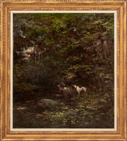 Frederic Yates Boy Fishing with Dog Oil, 19th C.