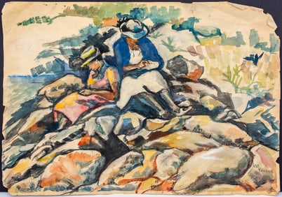 H. V. Pollak Figural Landscape Watercolor on Paper