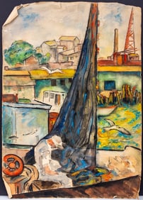 Elay Figural Cityscape Watercolor on Paper